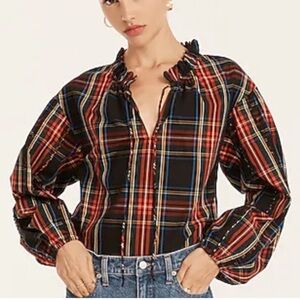 J. Crew Black Watch Plaid Tartan Peasant Blouse Small